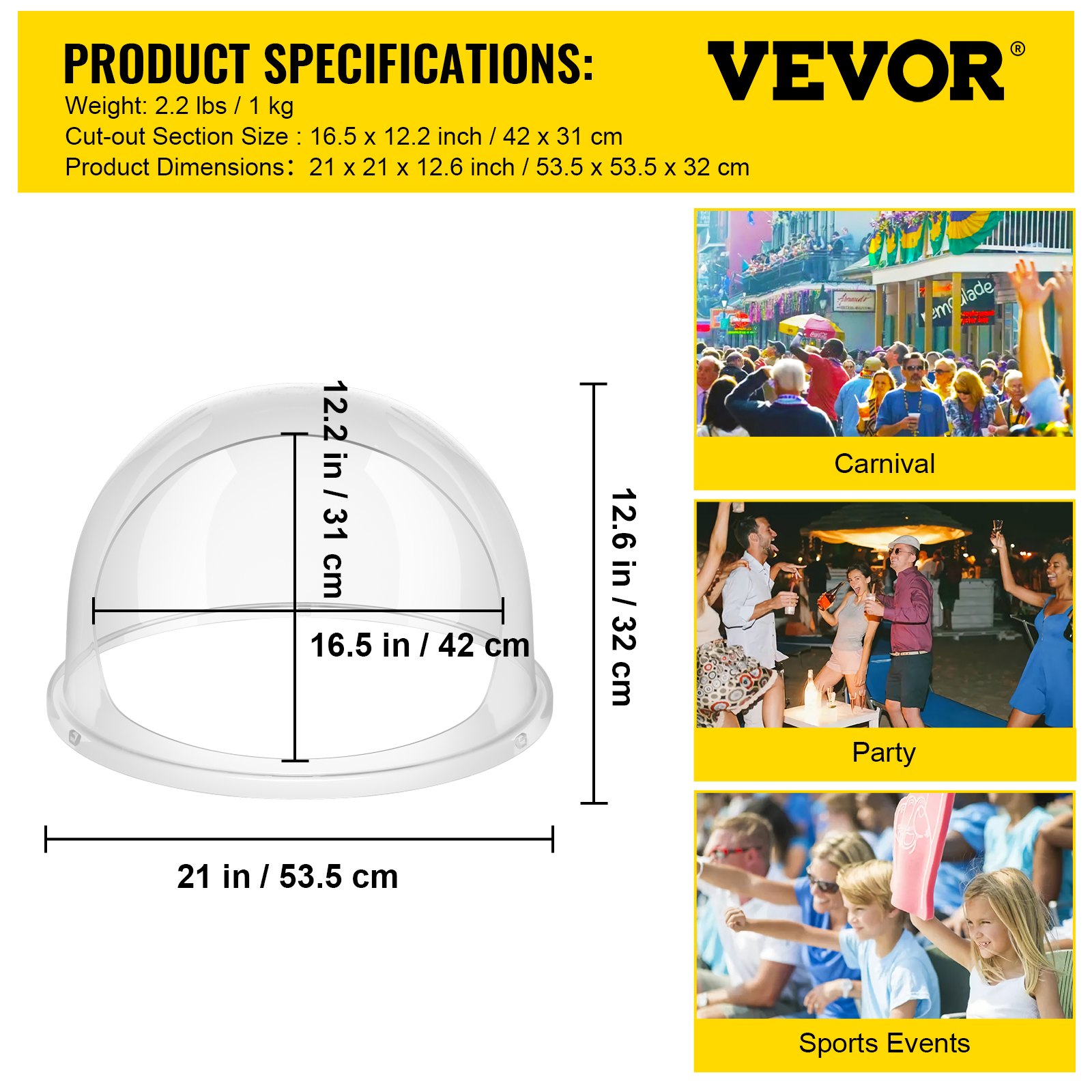 Dimensiones de la cubierta de la máquina de dulces VEVOR que se muestran con uso en carnavales, fiestas y eventos deportivos.
