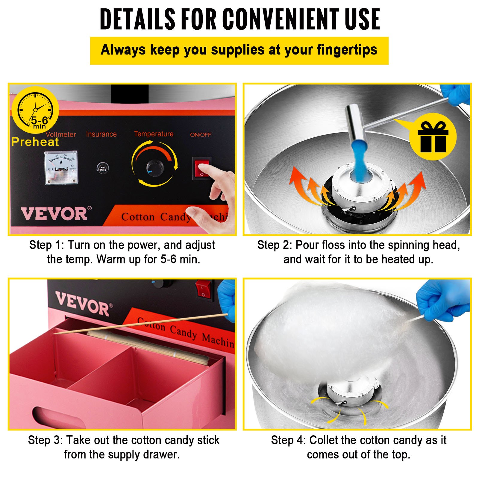 VEVOR Nuevo Commercial Máquina para elaborar algodón de azúcar Candyfloss