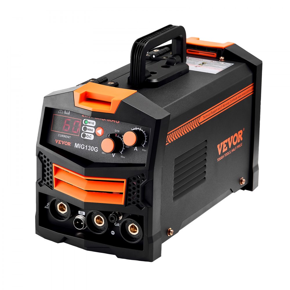 Soldadora MIG VEVOR, máquina de soldadura MIG sinérgica de 130 A, soldadora multiproceso 2 en 1 MIG con gas/MIG con núcleo fundente sin gas, soldadora MIG portátil de 110 V con tecnología inversora IGBT y pantalla digital.