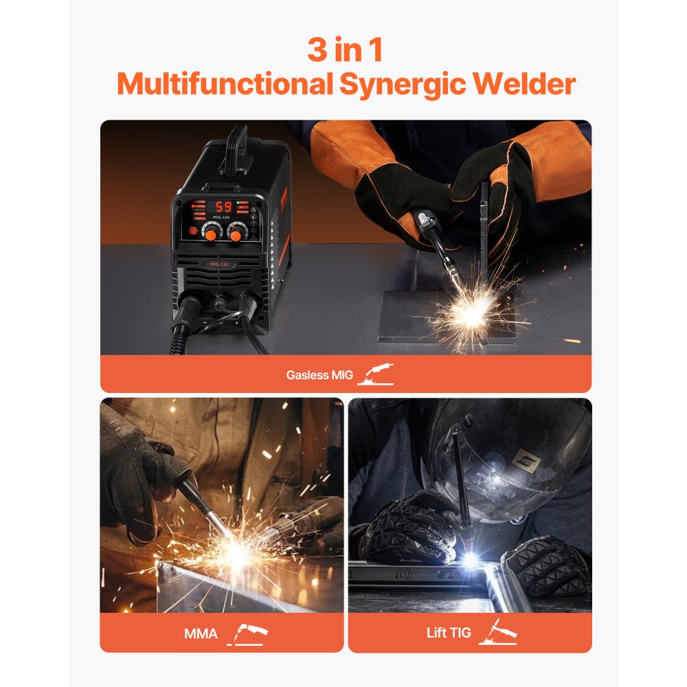Soldadora MIG VEVOR, máquina de soldadura MIG sinérgica de 130 A, soldadora multiproceso 3 en 1 con núcleo fundente MIG/Stick/Lift TIG, soldadora MIG portátil de 110 V con tecnología inversor IGBT y pantalla digital.