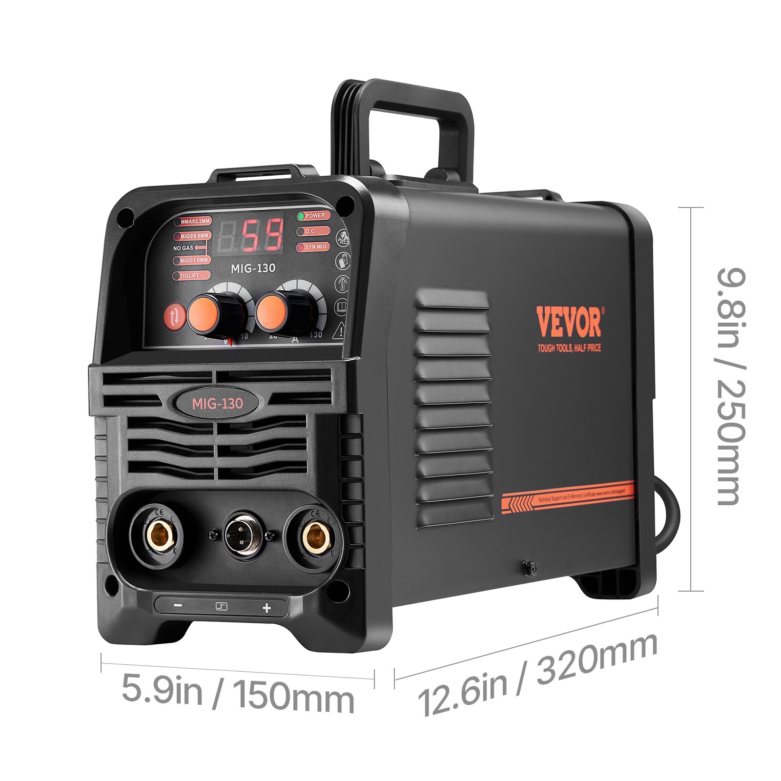 Soldadora MIG VEVOR, máquina de soldadura MIG sinérgica de 130 A, soldadora multiproceso 3 en 1 con núcleo fundente MIG/Stick/Lift TIG, soldadora MIG portátil de 110 V con tecnología inversor IGBT y pantalla digital.