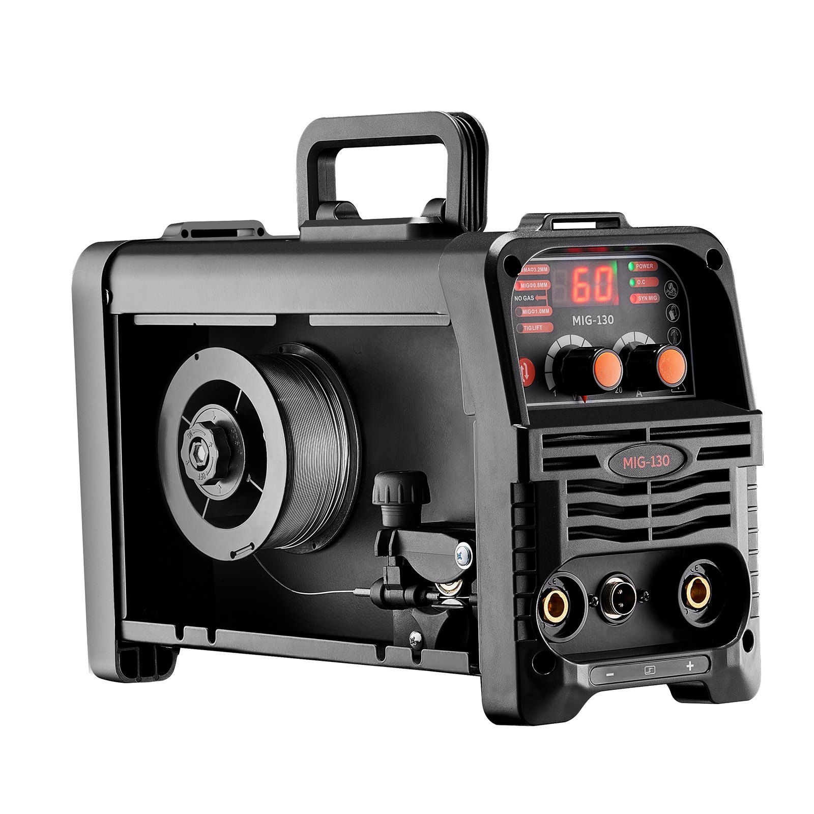 Soldadora MIG VEVOR, máquina de soldadura MIG sinérgica de 130 A, soldadora multiproceso 3 en 1 con núcleo fundente MIG/Stick/Lift TIG, soldadora MIG portátil de 110 V con tecnología inversor IGBT y pantalla digital.