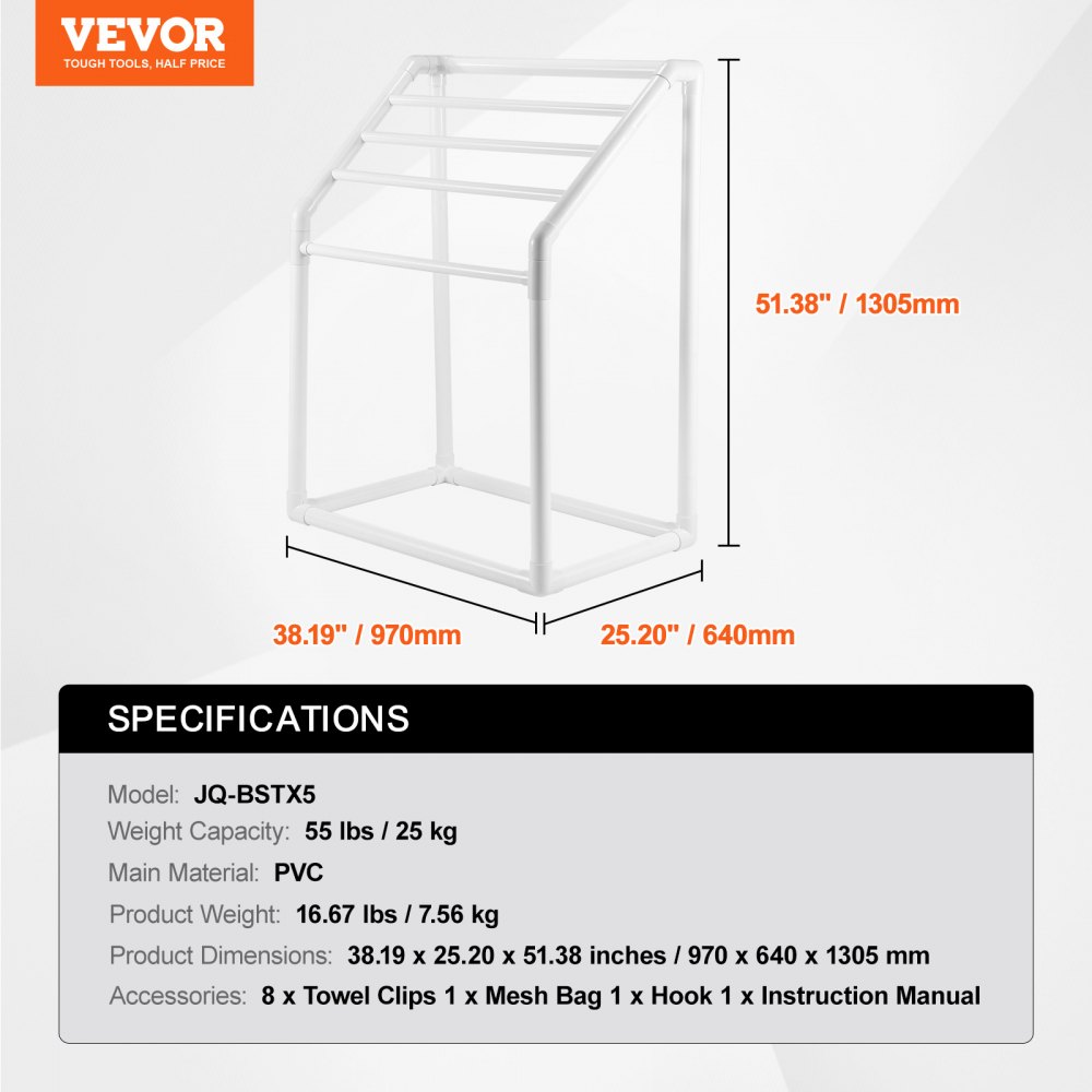 VEVOR Toallero de PVC para exterior de 5 barras, soporte independiente para toallas de piscina con clips, bolsa y gancho, organizador para secar colchas en interiores y exteriores, ideal para piscinas, baños y spas, color blanco