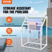 VEVOR Toallero para piscina, 5 barras, blanco, organizador de almacenamiento trapedozal de PVC independiente para exteriores, incluye 8 clips para toallas, bolsa de malla, gancho, también almacena flotadores y paletas, para playa, piscina