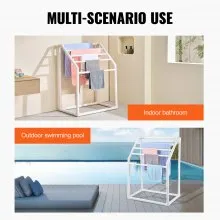 VEVOR Toallero para piscina, 5 barras, blanco, organizador de almacenamiento trapedozal de PVC independiente para exteriores, incluye 8 clips para toallas, bolsa de malla, gancho, también almacena flotadores y paletas, para playa, piscina
