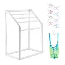 VEVOR Toallero para piscina, 5 barras, blanco, organizador de almacenamiento trapedozal de PVC independiente para exteriores, incluye 8 clips para toallas, bolsa de malla, gancho, también almacena flotadores y paletas, para playa, piscina