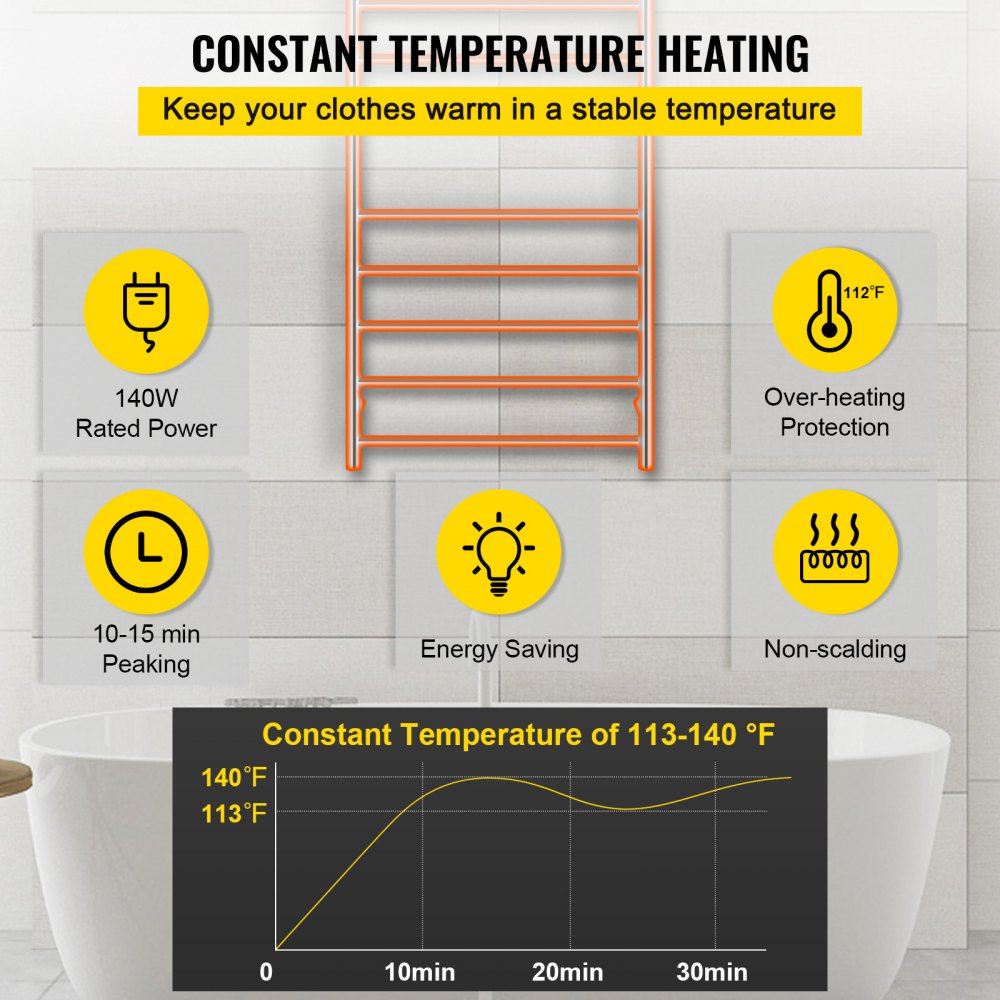 VEVOR Calentador de Toalla Eléctrico 10 Barras Radiador 110V de Acero Inoxidable
