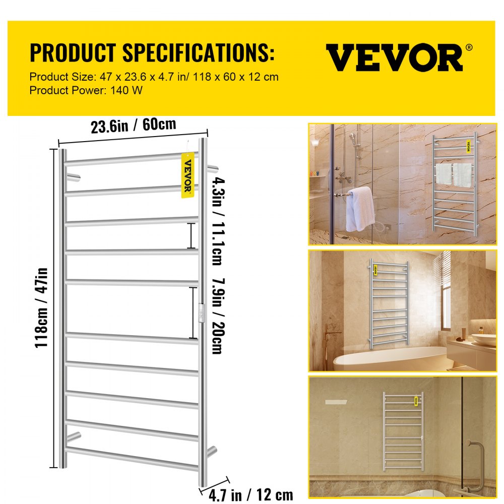 VEVOR Calentador de Toalla Eléctrico 10 Barras Radiador 110V de Acero Inoxidable