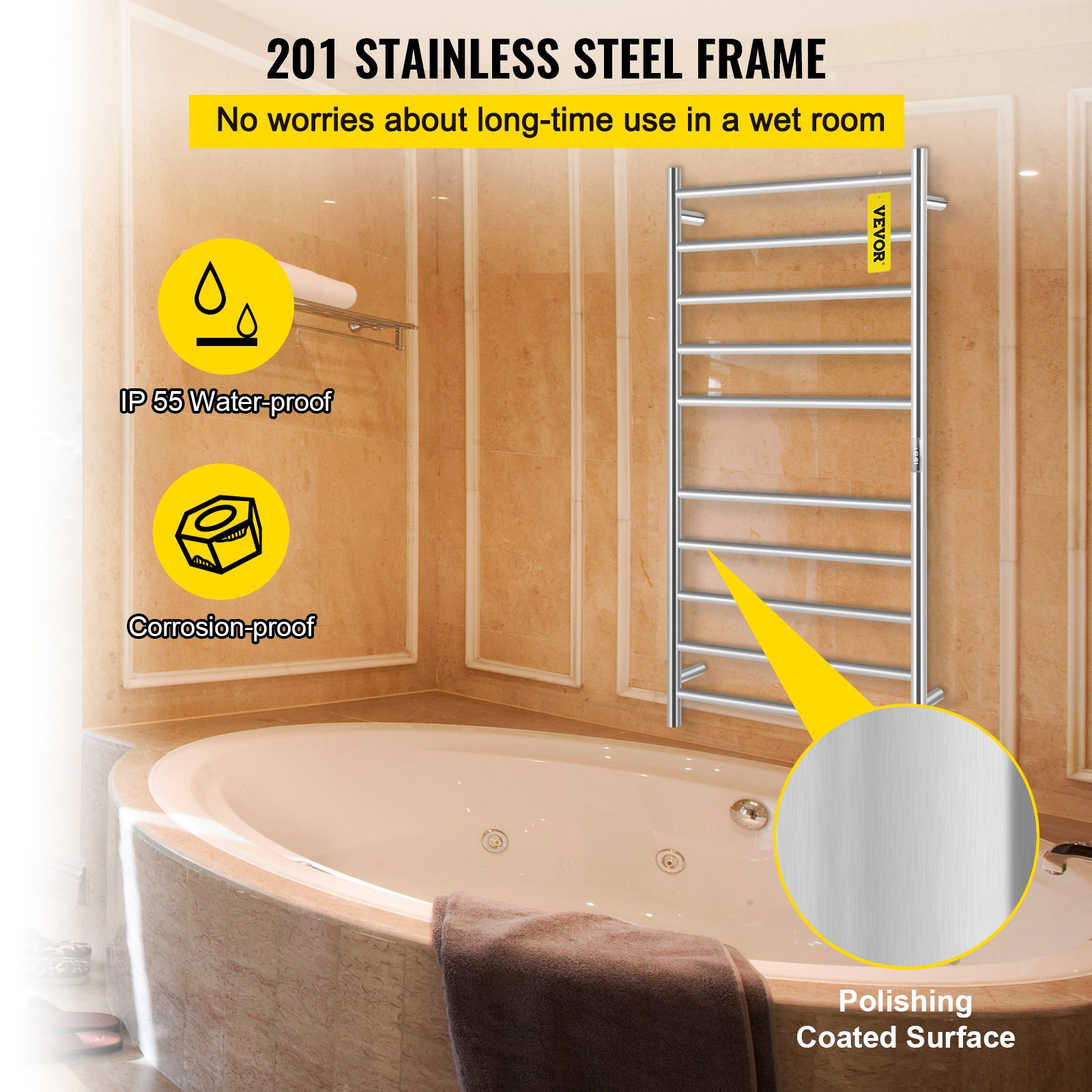 VEVOR Calentador de Toalla Eléctrico 10 Barras Radiador 110V de Acero Inoxidable