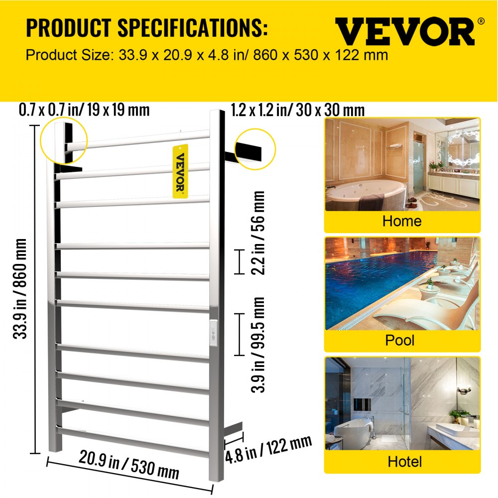 VEVOR Calentador de Toalla Eléctrico 10 Barras Radiador 124 W Acero Inoxidable