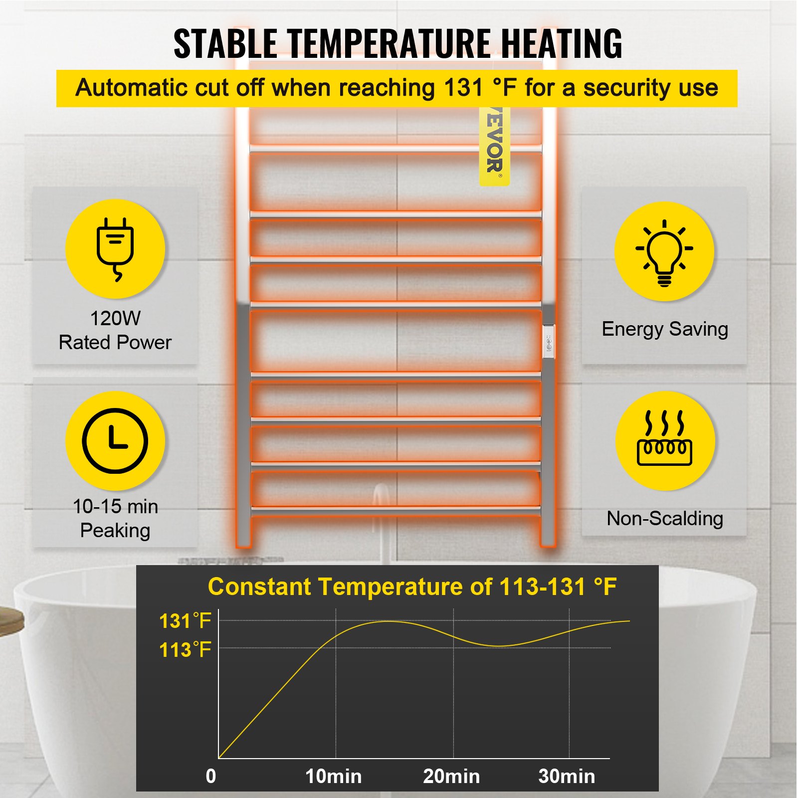 VEVOR Calentador de Toalla Eléctrico 10 Barras Radiador 124 W Acero Inoxidable