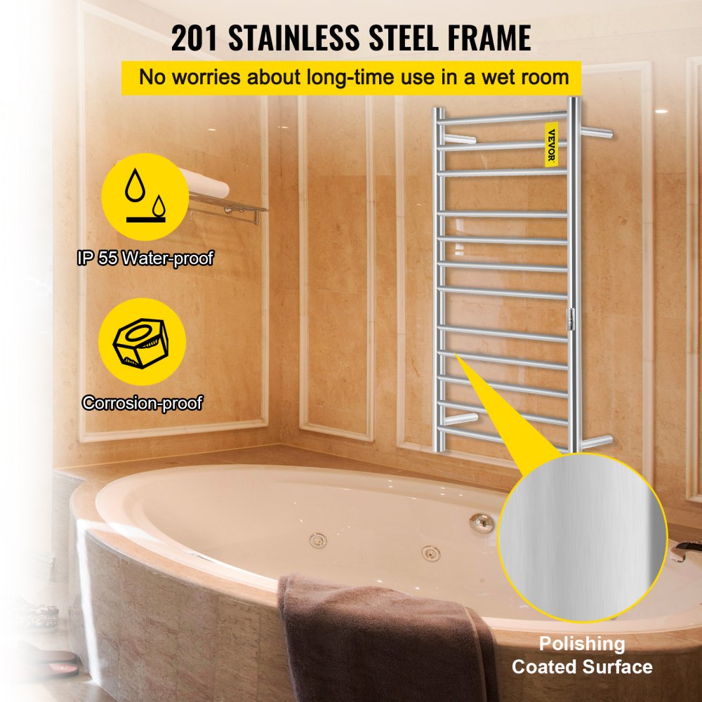 VEVOR Calentador de Toalla Eléctrico 12 Barras Radiador 110V de Acero Inoxidable