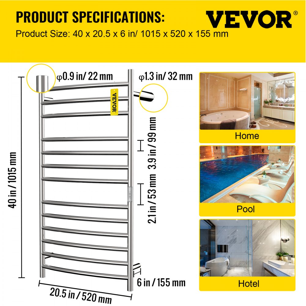 VEVOR Calentador de Toalla Eléctrico 12 Barras Radiador Diseño Curvo 110V 155W