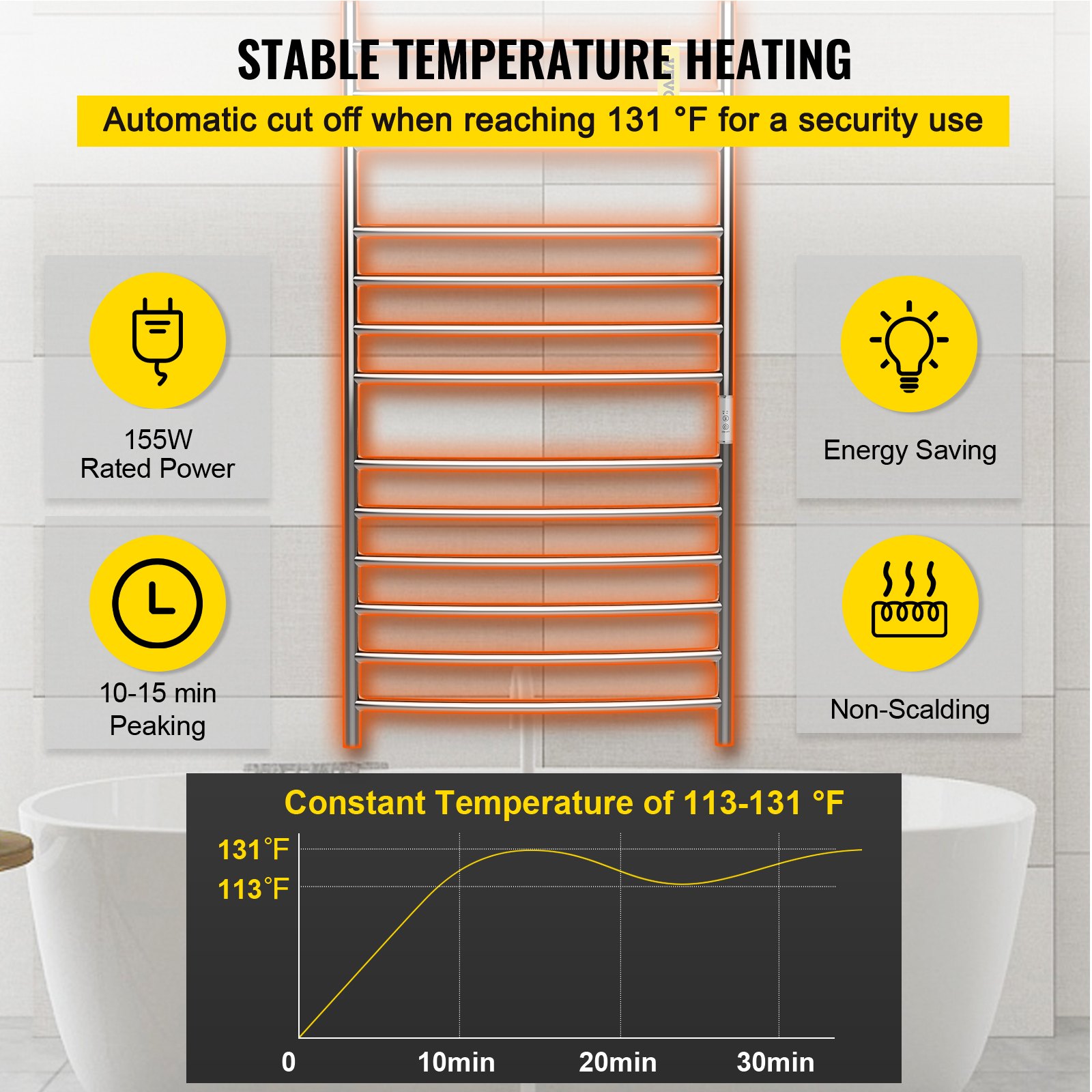 VEVOR Calentador de Toalla Eléctrico 12 Barras Radiador Diseño Curvo 110V 155W