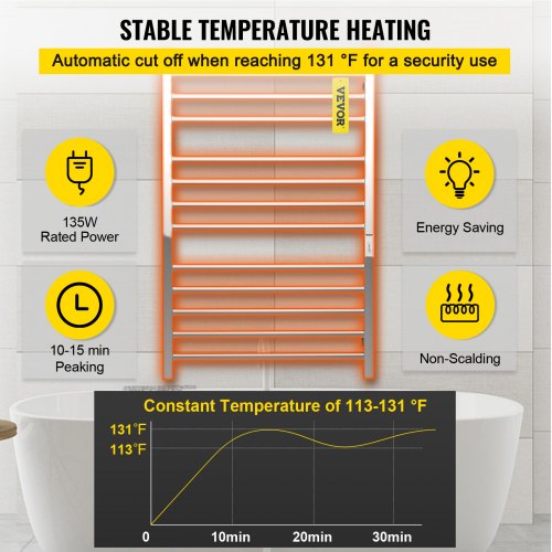 VEVOR Calentador de Toalla Eléctrico 12 Barras Radiador 135 W Acero Inoxidable
