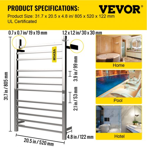 VEVOR Calentador de Toalla Eléctrico 12 Barras Radiador 135 W Acero Inoxidable