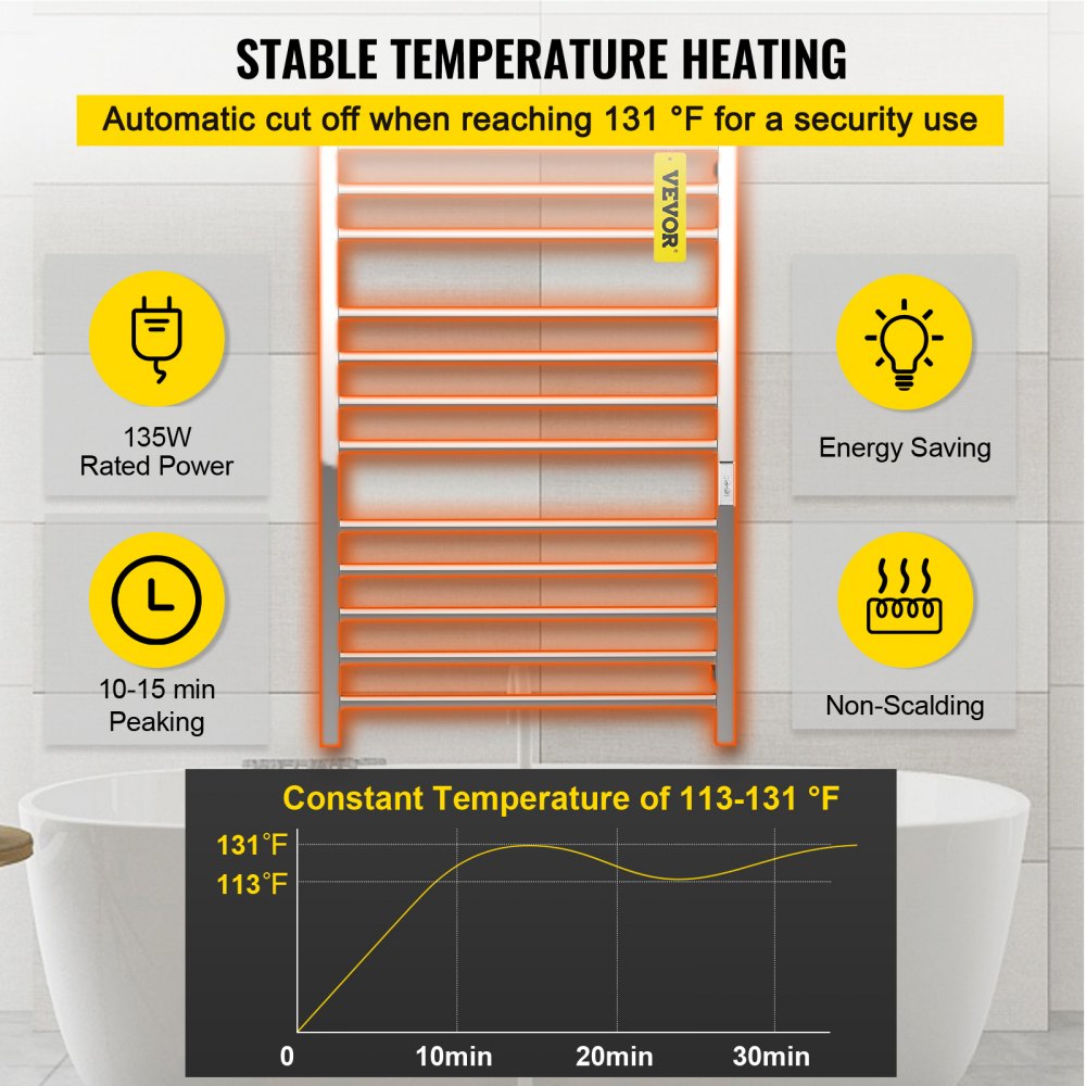 Toallero calefaccionado VEVOR con calentamiento de temperatura estable, 135 W, ahorro de energía, antiescaldaduras.