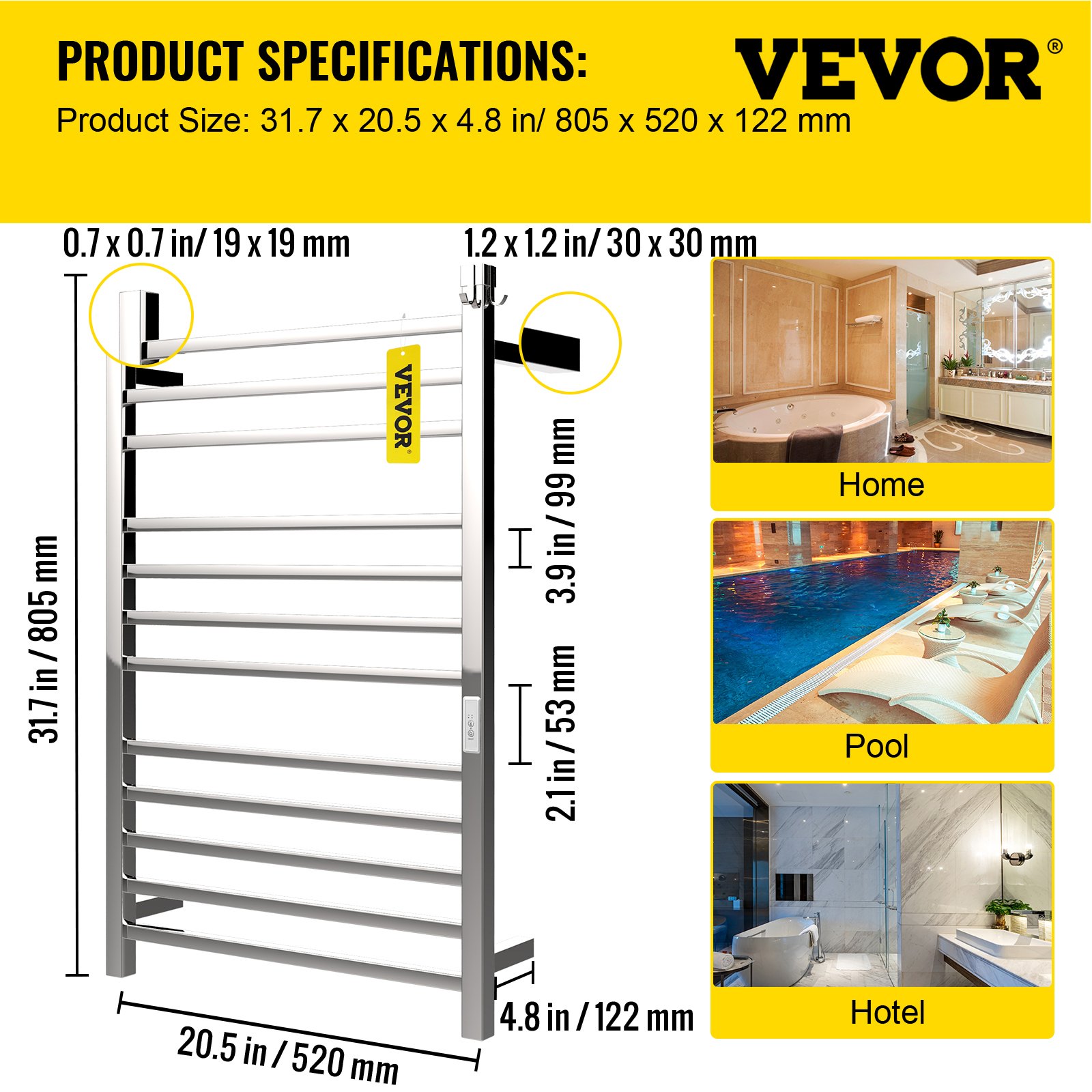 Dimensiones del toallero calefaccionado VEVOR y posibles usos en casa, piscina y hotel.