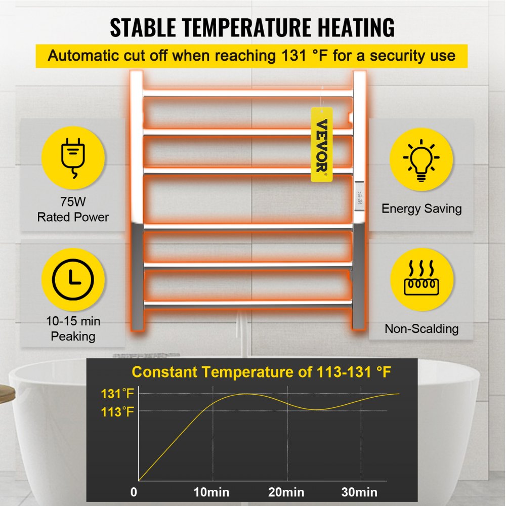 VEVOR Calentador de Toalla Eléctrico 6 Barras Radiador 110V 75W Acero Inoxidable