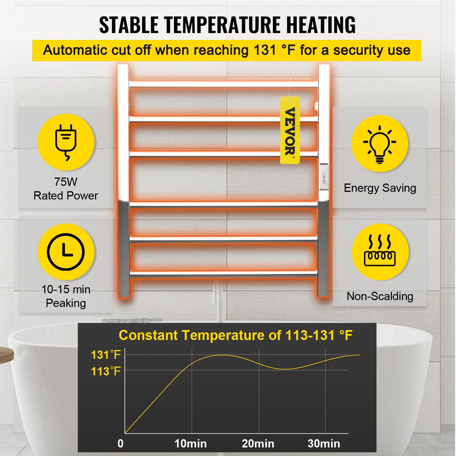 VEVOR Calentador de Toalla Eléctrico 6 Barras Radiador 110V 75W Acero Inoxidable