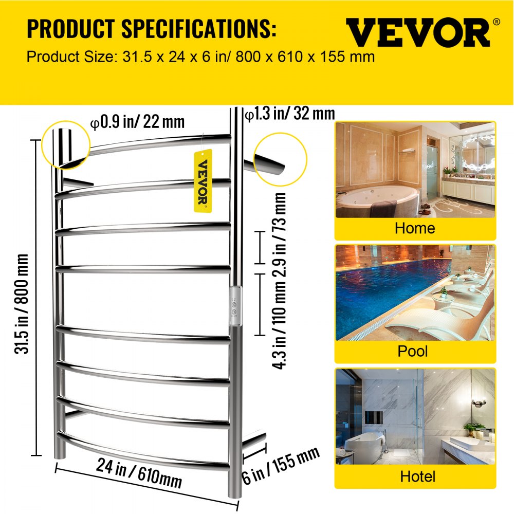 VEVOR Calentador de Toalla Eléctrico 8 Barras Radiador de Diseño Curvo 110V 125W