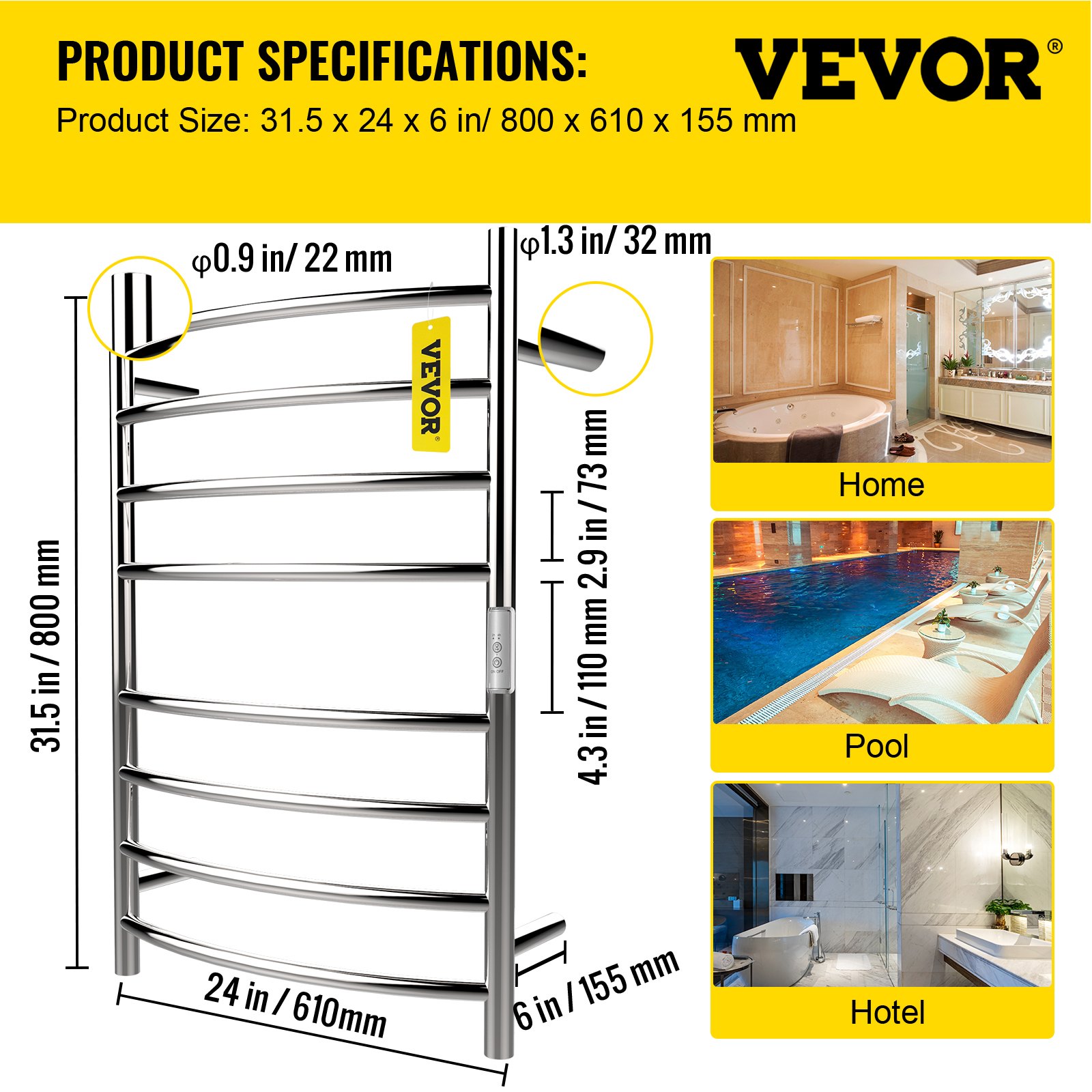 VEVOR Calentador de Toalla Eléctrico 8 Barras Radiador de Diseño Curvo 110V 125W