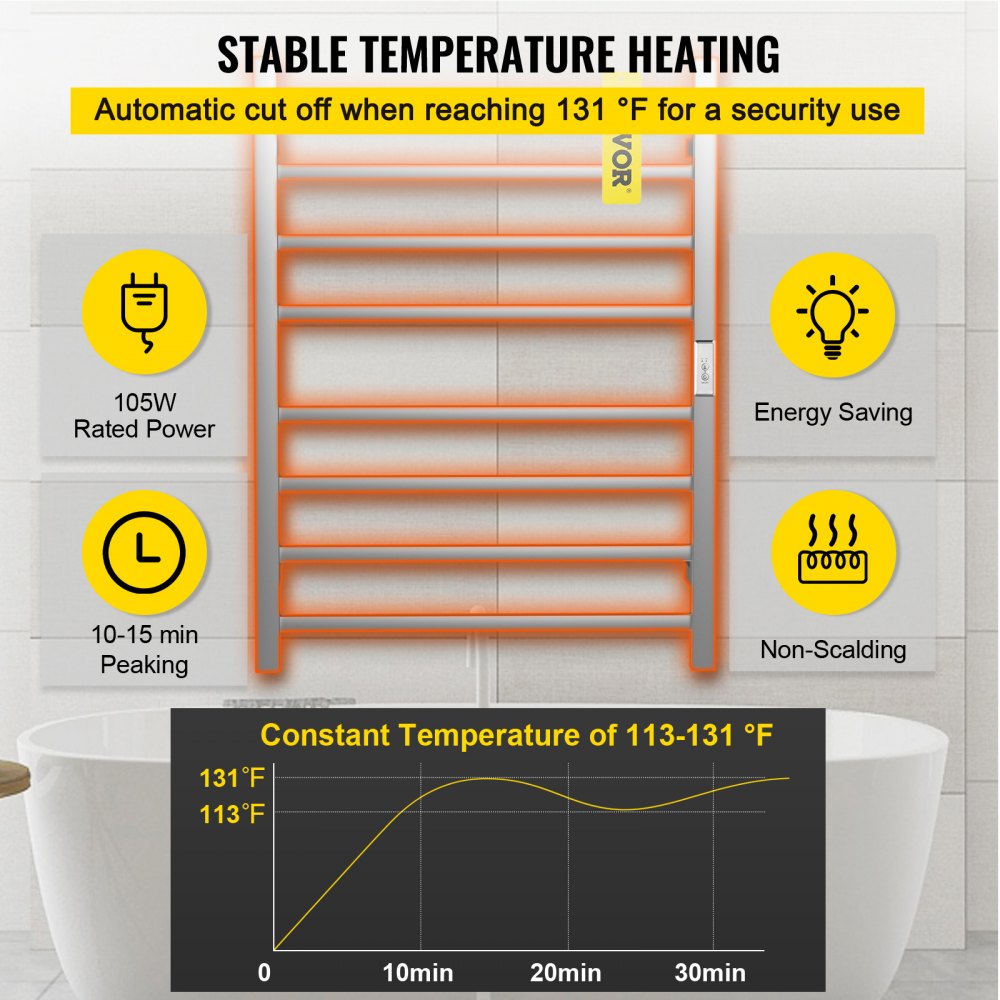 VEVOR Calentador de Toalla Eléctrico 8 Barras Acero Inoxidable Pulido Cepillado