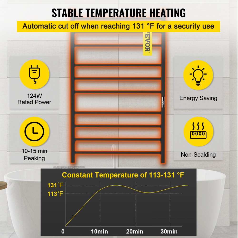 Toallero calefaccionado VEVOR con 124 W de potencia, ahorro de energía, antiescaldaduras, rango de 113 a 131 °F.