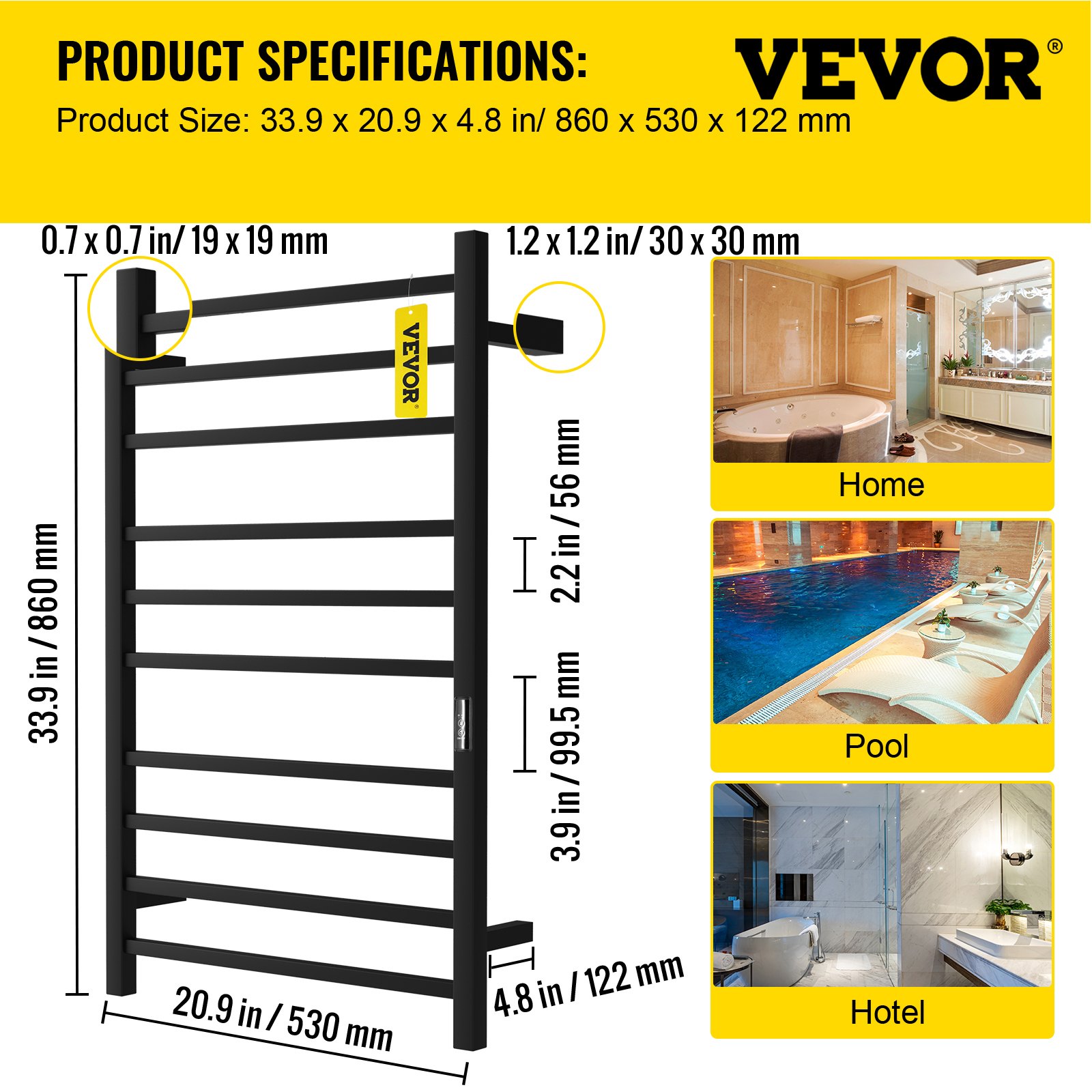 Dimensiones del toallero calefaccionado VEVOR y ubicaciones ideales para el hogar, la piscina y el hotel.
