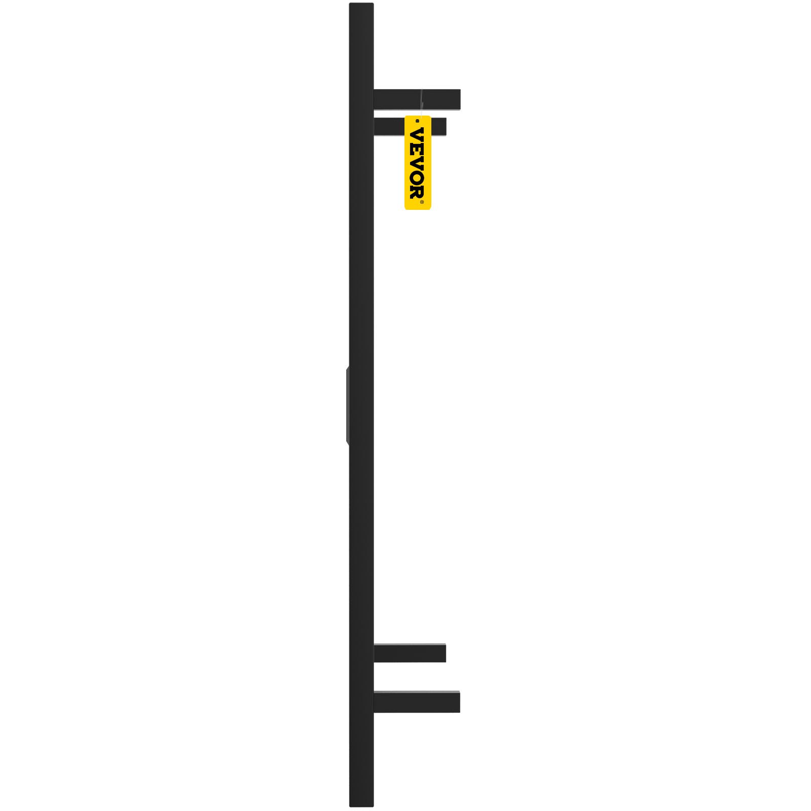 Diseño vertical negro de toallero calefaccionado VEVOR con etiqueta amarilla en el lateral.