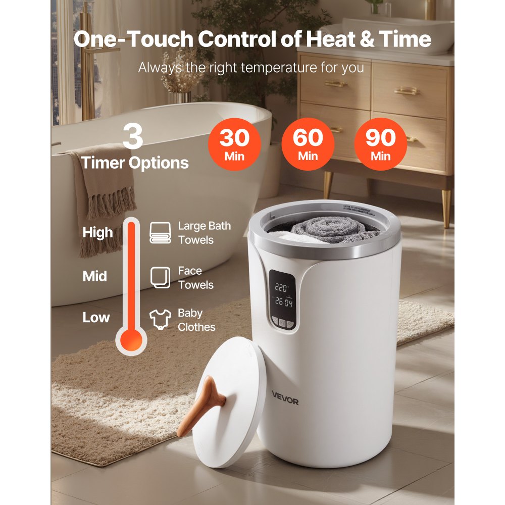 Calentadores de toallas VEVOR para baño, cubo calentador de toallas con temporizador de retardo de 24 horas, bloqueo para niños y apagado automático para spa. Se adapta a hasta 3 toallas de baño de gran tamaño, mantas, ropa, batas de baño, pijamas y más.