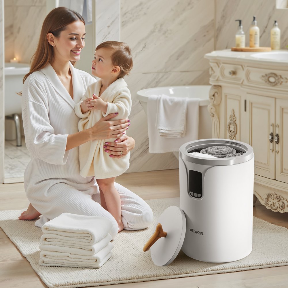 Calentadores de toallas VEVOR para baño, cubo calentador de toallas con temporizador de retardo de 24 horas, bloqueo para niños y apagado automático para spa. Se adapta a hasta 3 toallas de baño de gran tamaño, mantas, ropa, batas de baño, pijamas y más.