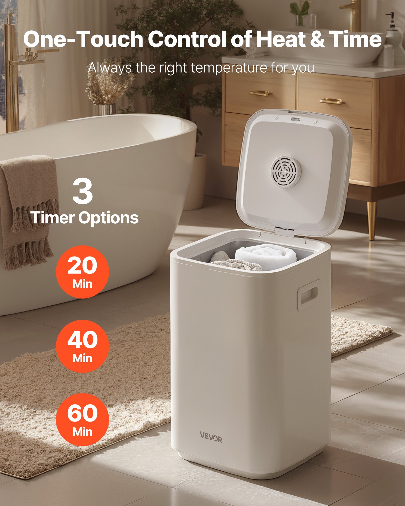 Calentador de toallas VEVOR para baño, cubo calentador de toallas con bloqueo infantil, indicador de alta temperatura, temporizador de retardo de 24 horas y apagado automático. Capacidad para hasta 4 toallas de baño grandes, mantas, ropa, albornoces y más.