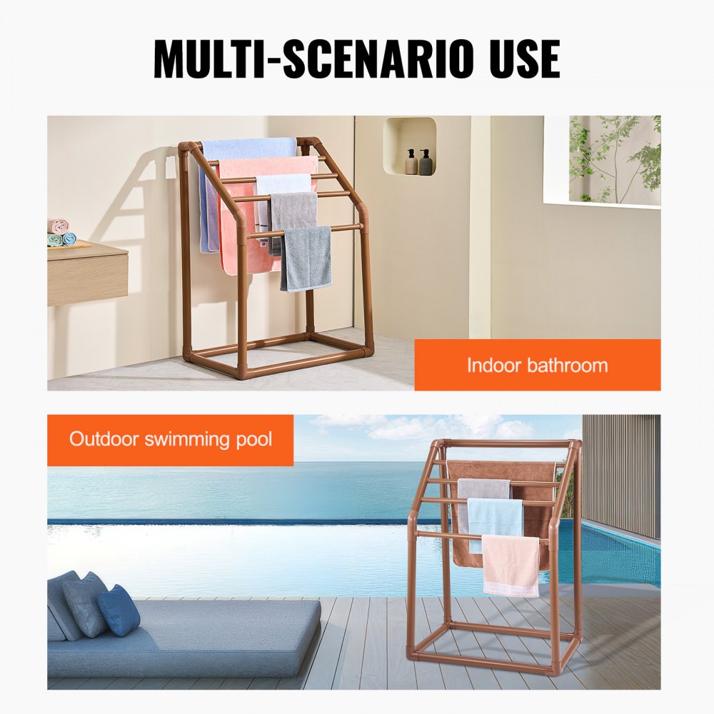 VEVOR Toallero de PVC para exterior de 5 barras, soporte independiente para toallas de piscina con clips, bolsa y gancho, organizador para secar colchas en interiores y exteriores, ideal para piscinas, baños y spas, color marrón