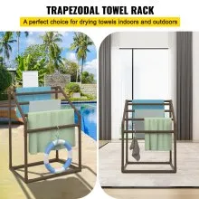VEVOR Toallero para piscina, 5 barras, marrón, organizador de almacenamiento trapezoidal de PVC independiente para exteriores, incluye 8 clips para toallas, bolsa de malla, gancho, también almacena flotadores y paletas, para playa, piscina