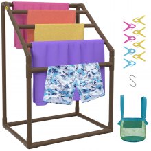 VEVOR Toallero para piscina, 5 barras, marrón, organizador de almacenamiento trapezoidal de PVC independiente para exteriores, incluye 8 clips para toallas, bolsa de malla, gancho, también almacena flotadores y paletas, para playa, piscina