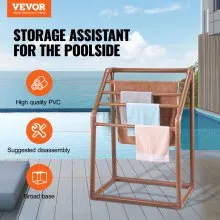 VEVOR Toallero para piscina, 5 barras, marrón, organizador de almacenamiento trapezoidal de PVC independiente para exteriores, incluye 8 clips para toallas, bolsa de malla, gancho, también almacena flotadores y paletas, para playa, piscina