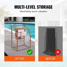 VEVOR Toallero para piscina, 5 barras, marrón, organizador de almacenamiento trapezoidal de PVC independiente para exteriores, incluye 8 clips para toallas, bolsa de malla, gancho, también almacena flotadores y paletas, para playa, piscina