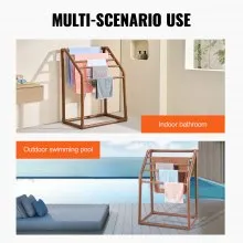 VEVOR Toallero para piscina, 5 barras, marrón, organizador de almacenamiento trapezoidal de PVC independiente para exteriores, incluye 8 clips para toallas, bolsa de malla, gancho, también almacena flotadores y paletas, para playa, piscina