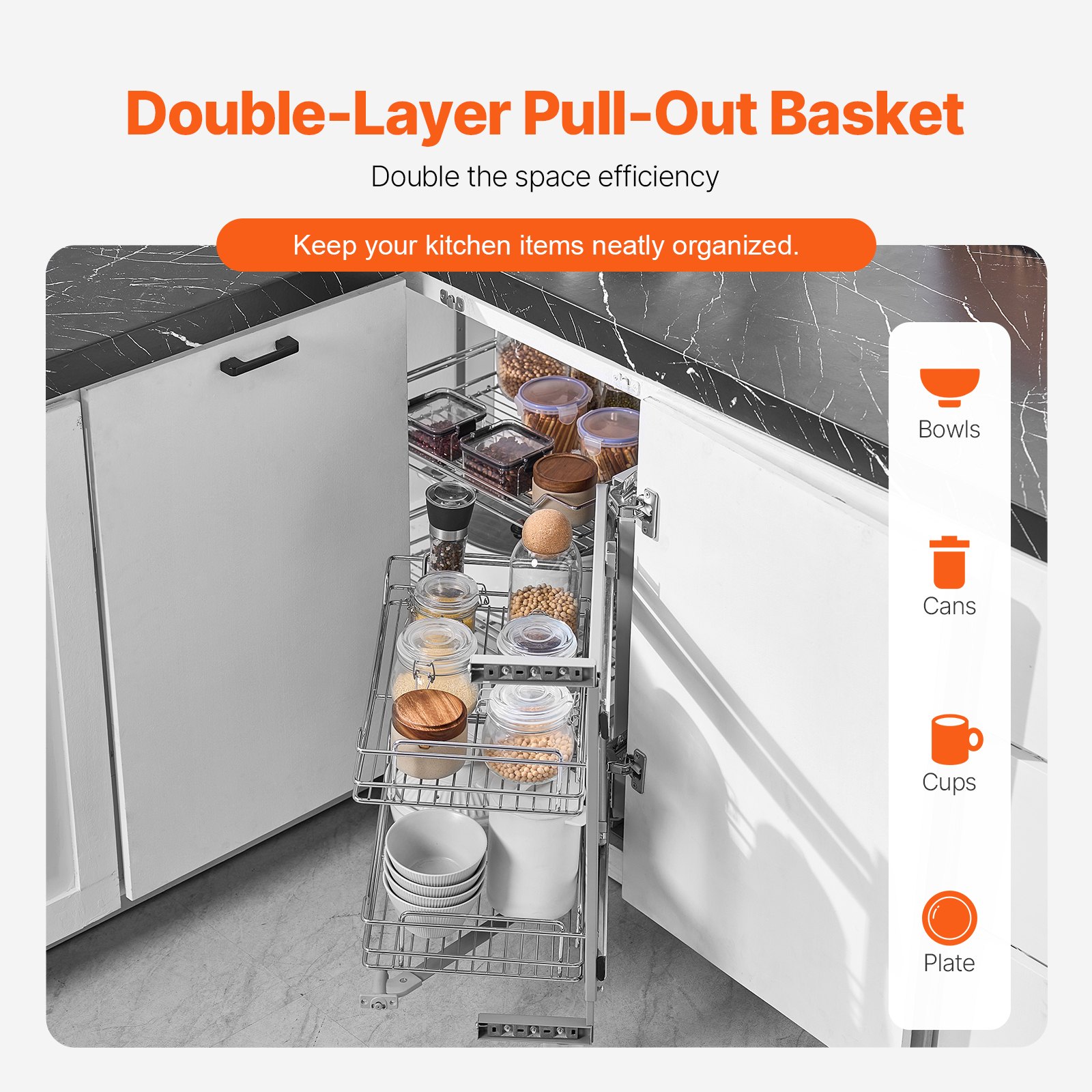 VEVOR Organizador Extraíble de Esquina Ciega, Organizador de Gabinete Cocina 2 Niveles y 4 Estantes, Acero al Carbono con Cromo Mágico, Compatible con Apertura Izquierda y Derecha, 860 x 535 x 560 mm