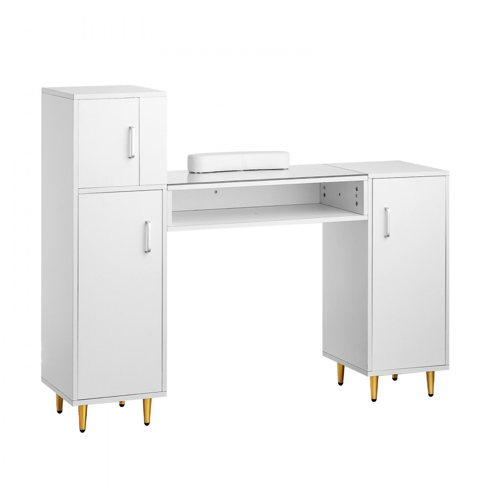 VEVOR Mesa de manicura, escritorio de uñas con tapa de cristal, estación de maquillaje con gabinetes de almacenamiento, mesa de tecnología de uñas resistente a la acetona para salón de belleza, spa, estación de trabajo con 8 patas de metal, reposamuñecas, color blanco