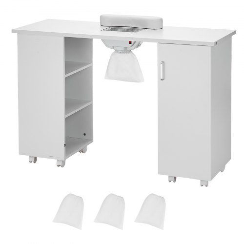 VEVOR Mesa de Manicura, Estación de Mesa para Uñas con Colector de Polvo Eléctrico, Escritorio Móvil para Tecnología de Uñas con 8 Ruedas (4 con Cerradura), 3 Bolsas para el Polvo y Reposamuñecas, Estación de Trabajo para Arte de Uñas de MDF para Salón de Belleza Spa, Blanco