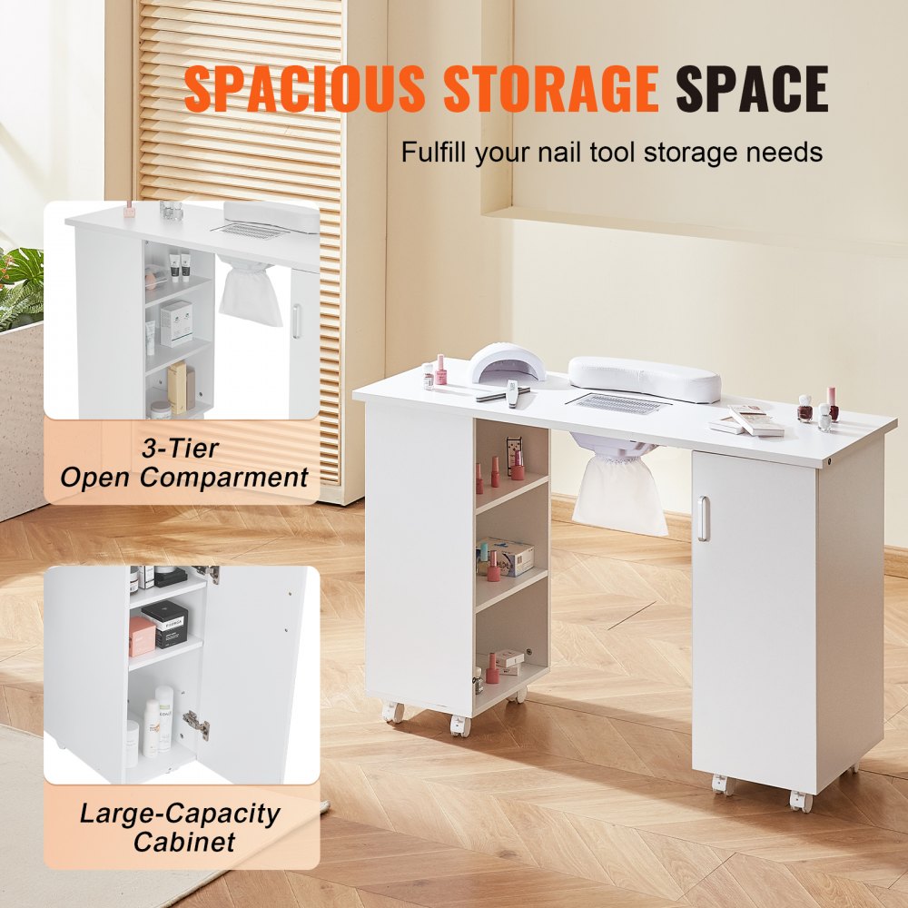 VEVOR Mesa de Manicura, Estación de Mesa para Uñas con Colector de Polvo Eléctrico, Escritorio Móvil para Tecnología de Uñas con 8 Ruedas (4 con Cerradura), 3 Bolsas para el Polvo y Reposamuñecas, Estación de Trabajo para Arte de Uñas de MDF para Salón de Belleza Spa, Blanco