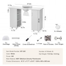 VEVOR Mesa de Manicura, Estación de Mesa para Uñas con Colector de Polvo Eléctrico, Escritorio Móvil para Tecnología de Uñas con 8 Ruedas (4 con Cerradura), 3 Bolsas para el Polvo y Reposamuñecas, Estación de Trabajo para Arte de Uñas de MDF para Salón de Belleza Spa, Blanco