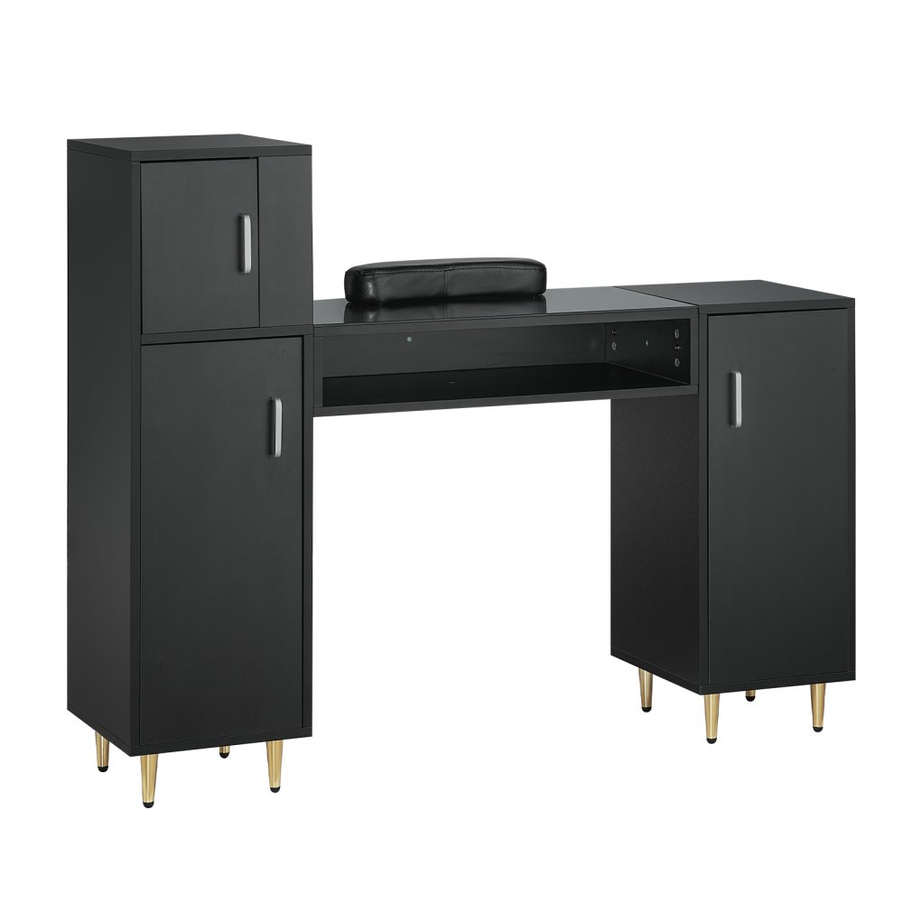 Mesa de manicura VEVOR negra con armarios de almacenamiento y reposamuñecas acolchado.