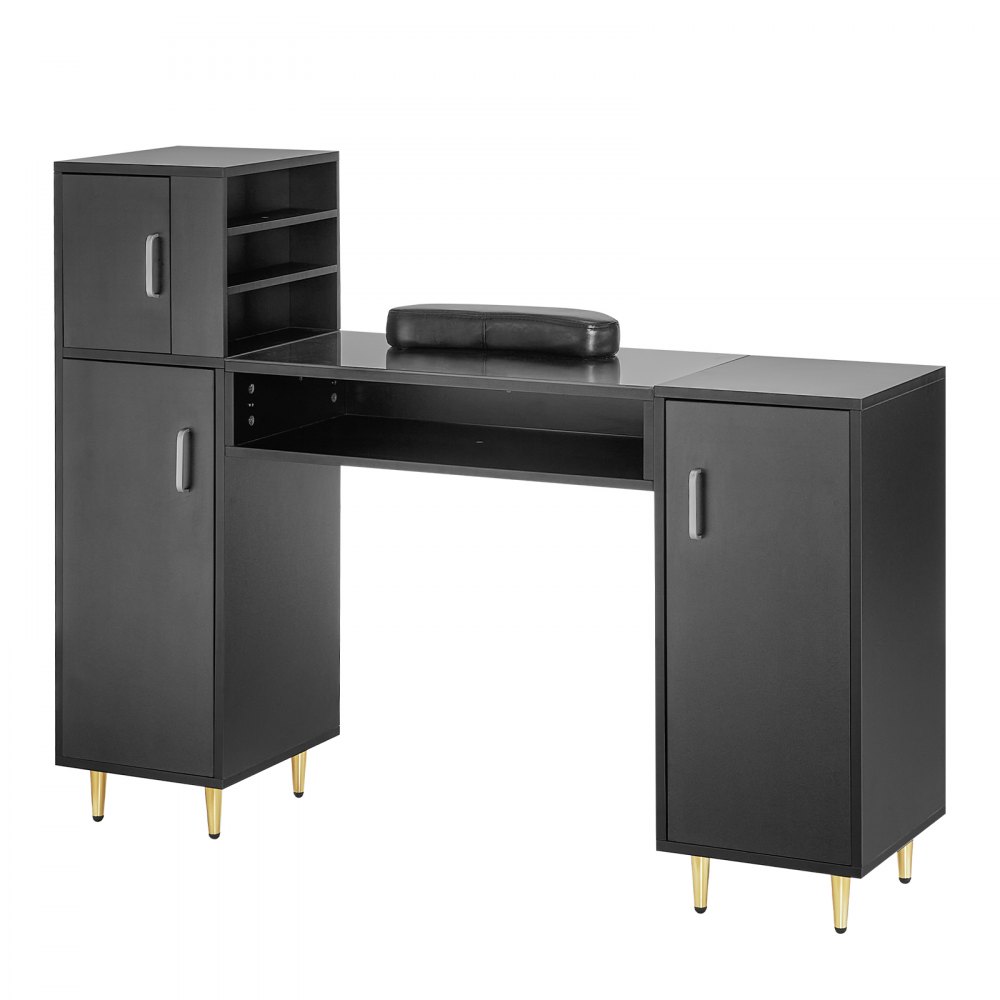 Mesa de manicura VEVOR negra con estantes de almacenamiento, gabinetes, patas doradas y un reposamuñecas acolchado.