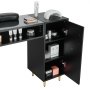 Mesa de manicura VEVOR negra con estantes de almacenamiento, lámpara UV y varios productos de belleza organizados de forma ordenada.