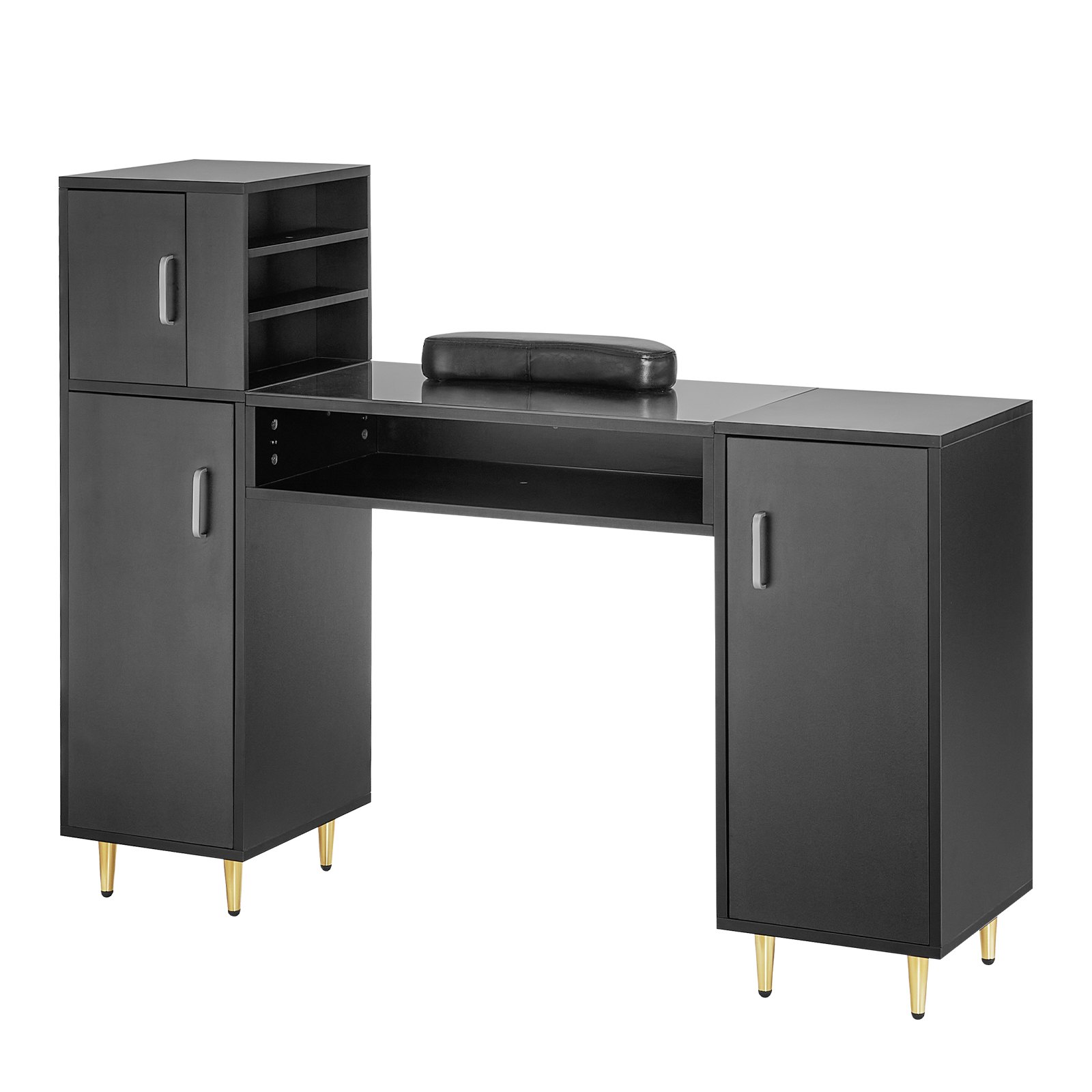 Mesa de manicura VEVOR negra con estantes de almacenamiento, gabinetes, patas doradas y un reposamuñecas acolchado.
