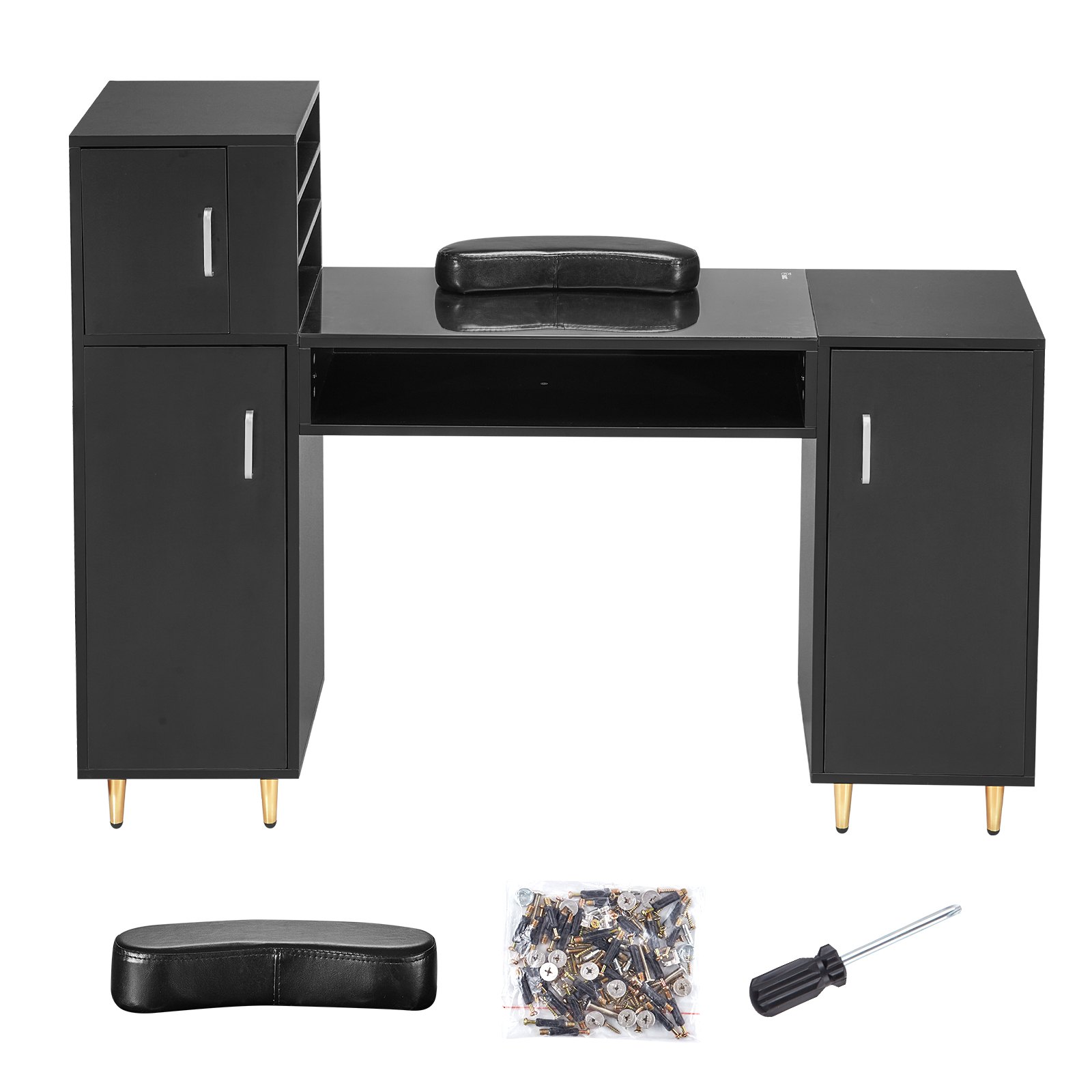 Mesa de manicura VEVOR en color negro con armarios de almacenamiento, cojín para reposabrazos, tornillos y destornillador.