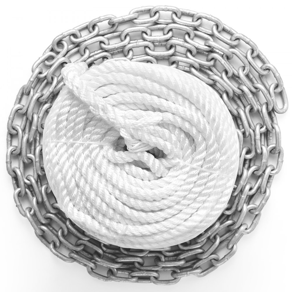 VEVOR Anchor Rode and Chain, 15' x 5/16" Boat Anchor Chain, 1/2" x 200' Nylon Rope, 2.2T Chain Tension Cadena de acero galvanizado, Windlass-Grade Three Strand Twist Nylon, Cadena de ancla para barcos, barcos